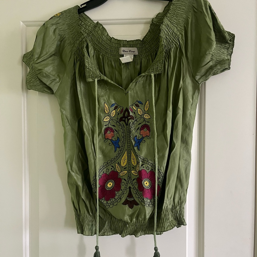 Green Embroidered Peasant Blouse with Tassel Ties